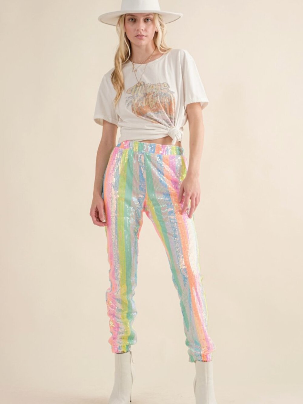 Rainbow Sequin Mid Rise Elastic Waist Jogger Pants